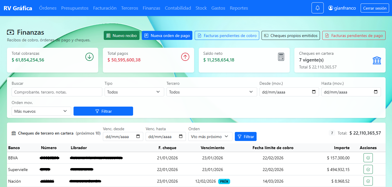 Captura del sistema ERP (pantalla principal) - datos de ejemplo
